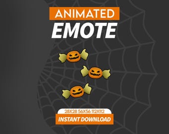 May include: Animated emote graphic with three orange candy emojis with jack-o'-lantern faces. The background is dark gray with a white spiderweb design. Text includes "ANIMATED EMOTE" and "INSTANT DOWNLOAD".