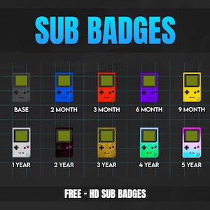 Peut inclure: Un ensemble de 10 badges de console de jeu rétro colorés, étiquetés avec différentes durées d'abonnement, de "Base" à "5 ans". Le texte "SUB BADGES" apparaît en haut de l'image, et "FREE - HD SUB BADGES" apparaît en bas.