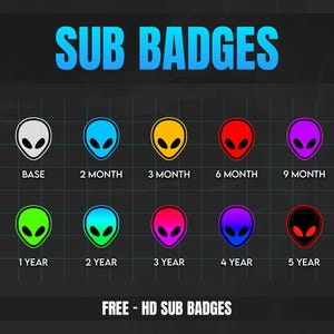 Peut inclure: Un ensemble de 10 badges de tête d'extraterrestres colorés pour les abonnés Twitch. Les badges montrent différentes couleurs et niveaux d'abonnement, de la base à 5 ans. Le texte "SUB BADGES" est en haut de l'image et "FREE - HD SUB BADGES" est en bas.