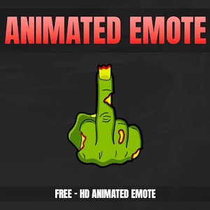 Puede incluir: Emoticono animado de una mano de zombi verde haciendo el dedo medio. La mano es de estilo de dibujos animados y tiene esmalte de uñas rojo. El texto "FREE - HD ANIMATED EMOTE" está debajo de la mano.