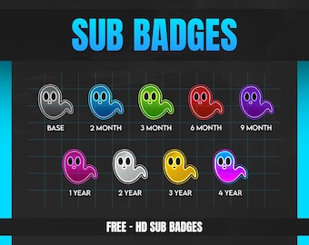 May include: A set of 10 colorful ghost-shaped Twitch subscriber badges, with text labels indicating the duration of the subscription, from base to 4 years. The text "SUB BADGES" is at the top of the image, and the text "FREE - HD SUB BADGES" is at the bottom.