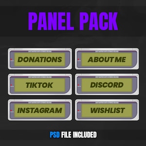 May include: A set of six retro-style social media panels with a pixelated design. The panels feature the text "Donations", "About Me", "TikTok", "Discord", "Instagram", and "Wishlist".