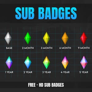 May include: A set of 10 digital badges for Twitch subscribers, featuring a diamond shape in various colors. The badges are labeled with the subscription length, including Base, 2 Month, 3 Month, 6 Month, 9 Month, 1 Year, 2 Year, 3 Year, 4 Year, and 5 Year.