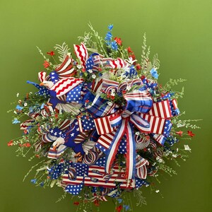 XL Patriotic Wreath with Metal Eagles, USA Sign, Red White & Blue Florals, Deco Mesh and Premium Bow, Fourth of July wreath, Veterans Day