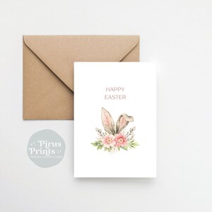 Printable Easter Card, Bunny Ears and Flowers Minimal Greeting Card , Instant Digital Download