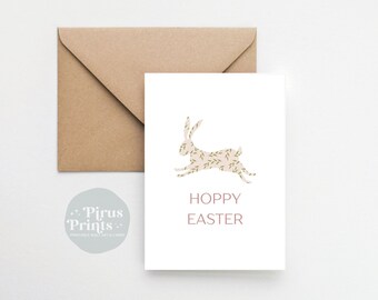 Printable Easter Card, Minimal Floral Hopping Bunny Rabbit Greeting Card, Instant Digital Download