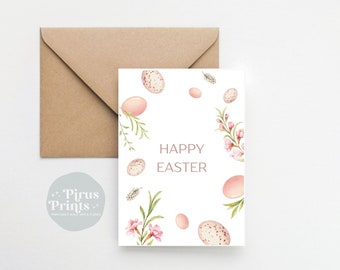 Pode incluir: Um cartão branco com um design floral rosa e branco e o texto "Feliz Páscoa".