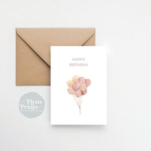 Carte d'anniversaire ballon imprimable, carte de voeux ballons rose aquarelle minimal, téléchargement numérique instantané