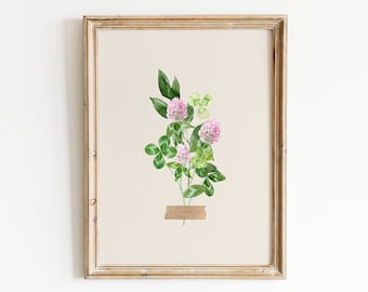 Akwarelowy nadruk koniczyny, wiosenna botaniczna sztuka ścienna (do pobrania w wersji cyfrowej)