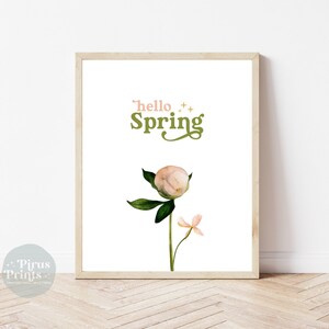 Hello Spring Print, Watercolor Peony Flower Printable Wall Art, Typography Print, Instant Digital Download