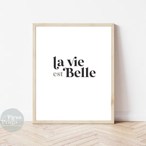 La Vie est Belle Printable Wall Art, French Phrase Typography Graphic Art Poster in Black & White, Instant Digital Download