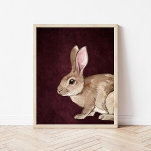 Hase druckbare Wandkunst, rustikales Osterdekor, Farm Animal Print, Burgund Rot Maximalist Decor, sofortiger digitaler Download