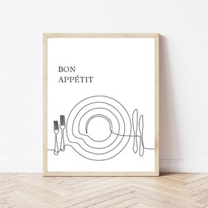 Kitchen Wall Art, Line Art Bon Appetit Print, Dining Room Wall Decor, Black & White Kitchen Decor, Instant Digital Download