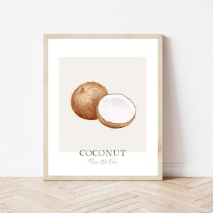 Coconut Print, Printable Kitchen Wall Art, Watercolor Coconut Wall Decor, Tropical Fruit Art Print, Instant Digital Download
