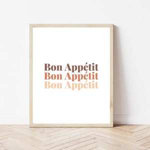 Stampa Bon Appétit, Arte della parete da cucina stampabile, Decorazione della parete per la cena, Decorazione della sala da pranzo, Decorazione sfumata rosa, Download digitale istantaneo