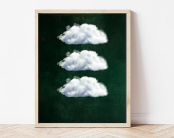 Cloud Printable Wall Art, Emerald Green Maximalist Decor, Abstract Art Print, Puffy Clouds Print, Dark Academia Decor, Digital Download