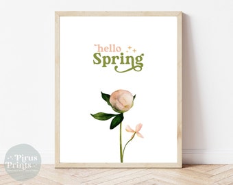 Hello Spring Print, Watercolor Peony Flower Printable Wall Art, Typography Print, Instant Digital Download