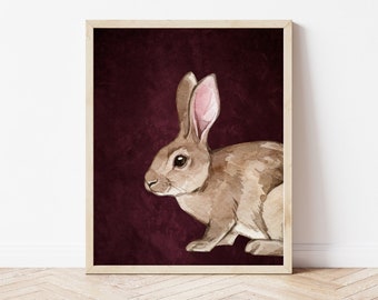 Rabbit Printable Wall Art, Rustic Easter Decor, Farm Animal Print, Burgundy Red Maximalist Decor, Instant Digital Download