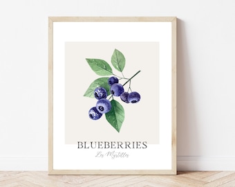 Blueberries Print, Printable Kitchen Wall Art, Watercolor Botanical Wall Decor, Fruit Art Print, Instant Digital Download