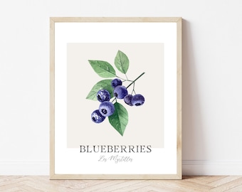 Blueberries Watercolor Print, Botanical Kitchen Wall Art (Digital Download)