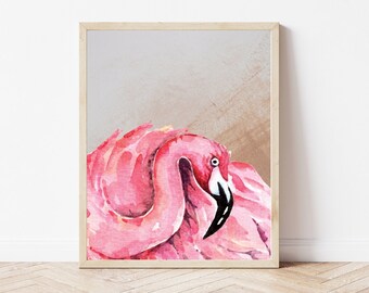 May include: A watercolor painting of a pink flamingo with its head turned to the side. The flamingo is depicted in a soft, delicate style, with a light brown background.