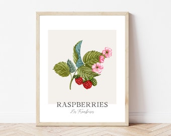 Raspberries Print, Printable Kitchen Wall Art, Watercolor Botanical Wall Decor, Fruit Art Print, Instant Digital Download