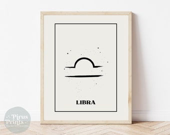 Könnte beinhalten: Schwarz-weiß druckbarer Kunstdruck des Sternzeichen Waage mit einer Sternenkonstellation im Hintergrund. Das Wort "LIBRA" ist unter dem Zeichen gedruckt.