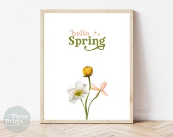 Hello Spring Print, Printable Watercolor Spring Floral Wall Art, Digital Download
