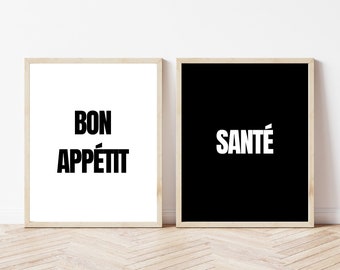 Kitchen Wall Art, Set of 2 Printables, Bon Appétit and Santé Prints, Modern Black & White Wall Decor, Instant Digital Download