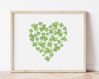 Shamrock Heart Print, St Patrick's Day Printable Decor, Watercolor Shamrock Nursery Decor, Spring Wall Art, Clovers Print *DIGITAL DOWNLOAD*