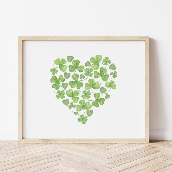 Shamrock Heart Print, St Patrick's Day Printable Decor, Watercolor Shamrock Nursery Decor, Spring Wall Art, Clovers Print *DIGITAL DOWNLOAD*