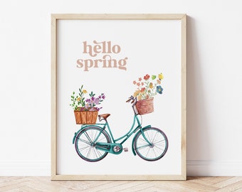 Frühlingsdekor, Hello Spring Druckbare Wandkunst, Fahrrad mit Blumen Druck, Bauernhaus Frühlingsdeko, Pastell Frühlingsdruck *DIGITAL DOWNLOAD*