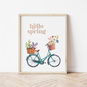 Frühlingsdekor, Hello Spring Druckbare Wandkunst, Fahrrad mit Blumen Druck, Bauernhaus Frühlingsdeko, Pastell Frühlingsdruck DIGITAL DOWNLOAD Bild 1
