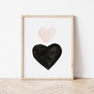 Watercolor Hearts Wall Art, Minimalist Hearts Decor, Black and Pink Valentines Day Print, Modern Nursery Decor DIGITAL DOWNLOAD image 1