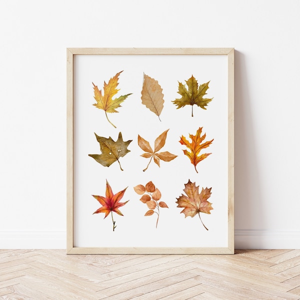 Watercolor Autumn Leaves Print, Fall Wall Art, Printable Rustic Fall Decor, Fall Leaves Printable Art, Instant Digital Download