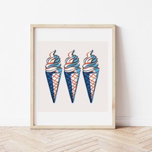 Ice Cream Cone Print, Fourth of July Printable Wall Art, July 4th Decor, Retro American Summer Poster, Instant Digital Download image 1