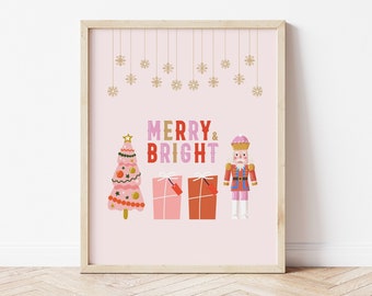 Pink Christmas Print, Christmas Printable Wall Art, Nutcracker Christmas Art, Retro Holiday Decor, Merry & Bright, Instant Digital Download