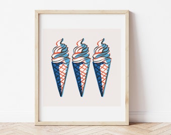 Stampa cono gelato retrò, rosso, bianco e blu, decorazione del 4 luglio (download digitale)