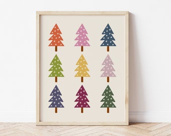 Colorful Christmas Trees Print, Boho Holiday Decor (Digital Download)