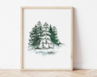 Winter Forest Print, Printable Christmas Wall Art, Watercolor Pine Trees Art Print, Minimal Holiday Decor, Instant Digital Download