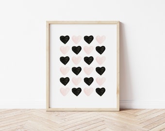 Watercolor Hearts Print, Black and Pink Hearts Decor, Valentine's Day Printable Wall Art, Hearts Nursery Decor, *DIGITAL DOWNLOAD*