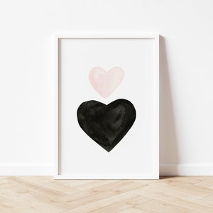 Watercolor Hearts Wall Art, Minimalist Hearts Decor, Black and Pink Valentines Day Print, Modern Nursery Decor DIGITAL DOWNLOAD image 4