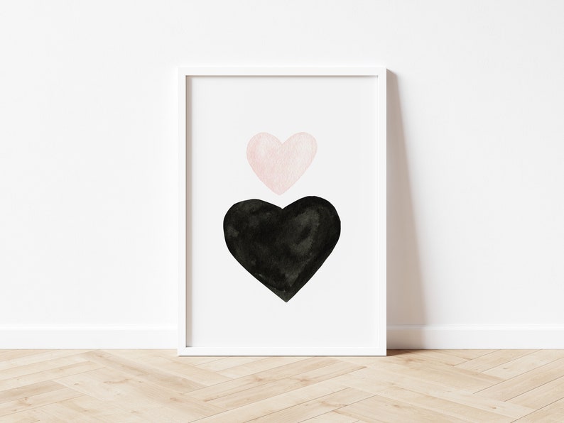 Watercolor Hearts Wall Art, Minimalist Hearts Decor, Black and Pink Valentines Day Print, Modern Nursery Decor DIGITAL DOWNLOAD image 4