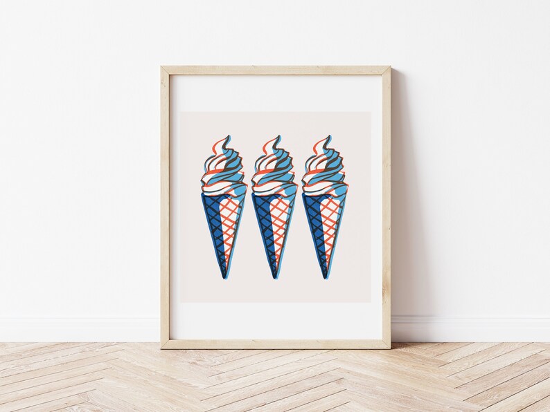 Ice Cream Cone Print, Fourth of July Printable Wall Art, July 4th Decor, Retro American Summer Poster, Instant Digital Download image 1