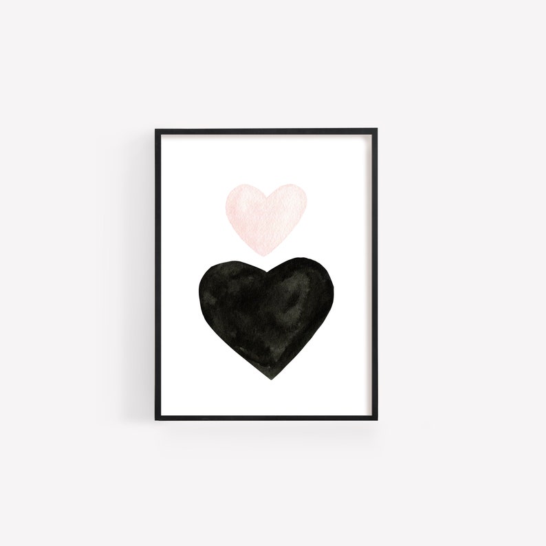 Watercolor Hearts Wall Art, Minimalist Hearts Decor, Black and Pink Valentines Day Print, Modern Nursery Decor DIGITAL DOWNLOAD image 2