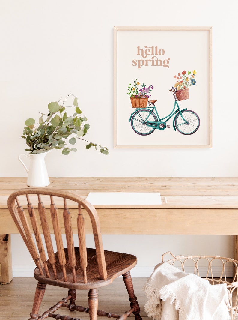 Spring Decor, Hello Spring Printable Wall Art, Bike with Flowers Print, Farmhouse Spring Decor, Pastel Spring Print DIGITAL DOWNLOAD image 2