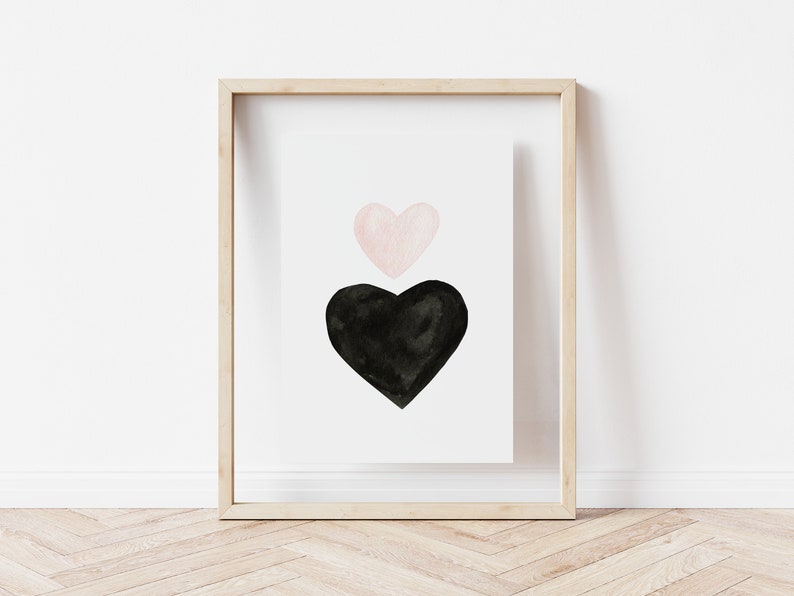 Watercolor Hearts Wall Art, Minimalist Hearts Decor, Black and Pink Valentines Day Print, Modern Nursery Decor DIGITAL DOWNLOAD image 7