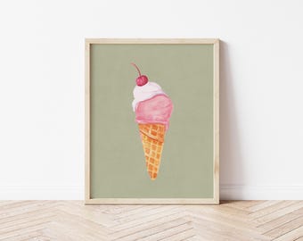 Stampa acquerello di un cono gelato, arte murale estiva retrò (download digitale)