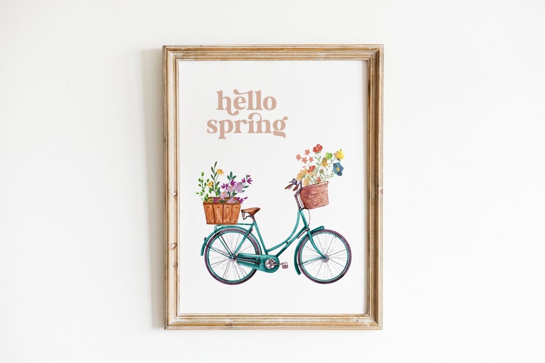 Frühlingsdekor, Hello Spring Druckbare Wandkunst, Fahrrad mit Blumen Druck, Bauernhaus Frühlingsdeko, Pastell Frühlingsdruck DIGITAL DOWNLOAD Bild 3