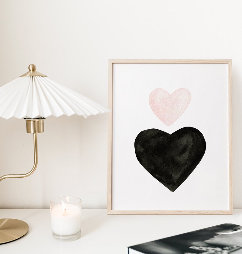 Watercolor Hearts Wall Art, Minimalist Hearts Decor, Black and Pink Valentines Day Print, Modern Nursery Decor DIGITAL DOWNLOAD image 3